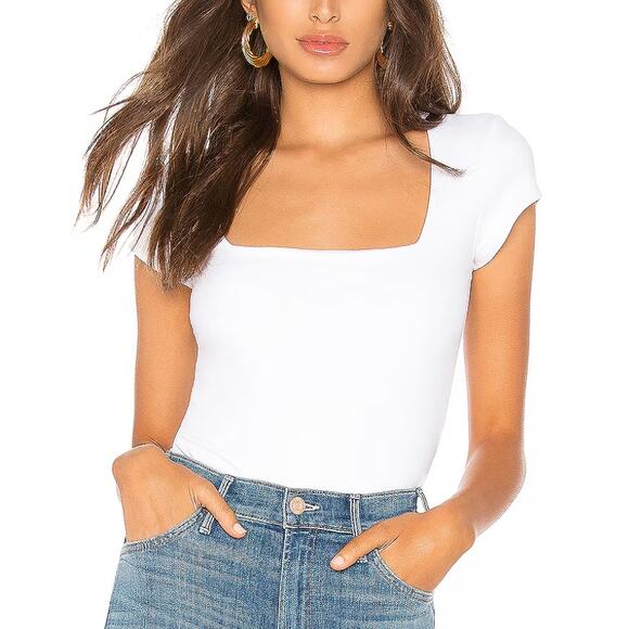 Free People Tops - Free People White Square Bodysuit XS Bodycon Short Cap Sleeves USA $58 NEW